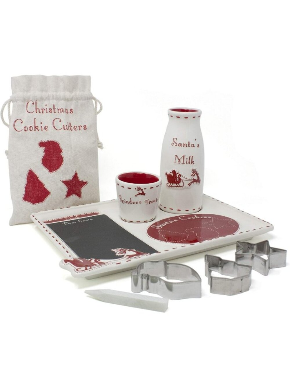 Christmas Plate Set with Santa Message, Cookie Cutters, Milk Jar & Reindeer Bowl